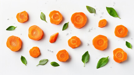 Freshly sliced carrots with leaves on a clean white surface. Suitable for food and nutrition concepts