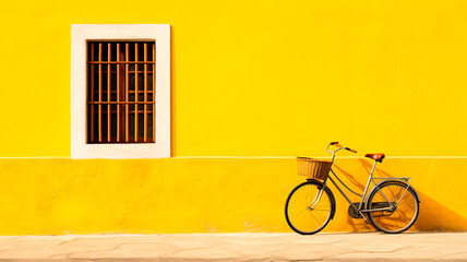 Classic bicycle with aged charm stands by window on bold yellow wall.