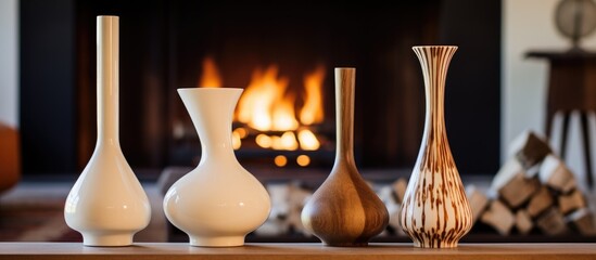 Four glass vases are displayed on a wooden mantle in front of a fireplace, adding a touch of elegance to the rooms decor