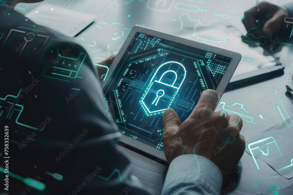 Poster a man holding a tablet with a padlock, suitable for cybersecurity concepts
