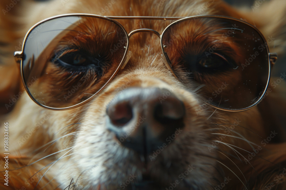 Poster Close-up of a stylish dog wearing sunglasses. Perfect for pet fashion or summer-themed designs