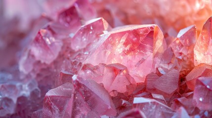 Extreme close-up of a rose quartz crystal's surface, with soft pink hues and natural textures, representing love and heart chakra healing in a Reiki practice