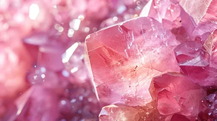 Tuinposter Extreme close-up of a rose quartz crystal's surface, with soft pink hues and natural textures, representing love and heart chakra healing in a Reiki practice © Татьяна Креминская