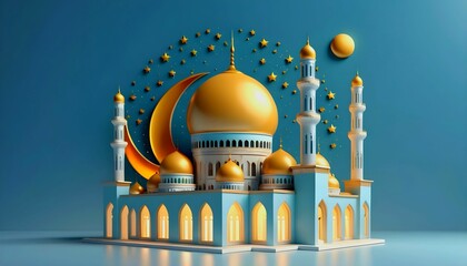 3d illustration of a mosque with golden moon and stars ornament on a light background with space for copy eid Mubarak banner for web created with generative ai
