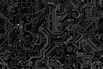 A black and white circuit board pattern. Suitable for technology and electronics concepts