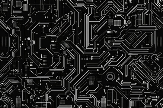 A black and white circuit board pattern. Suitable for technology and electronics concepts