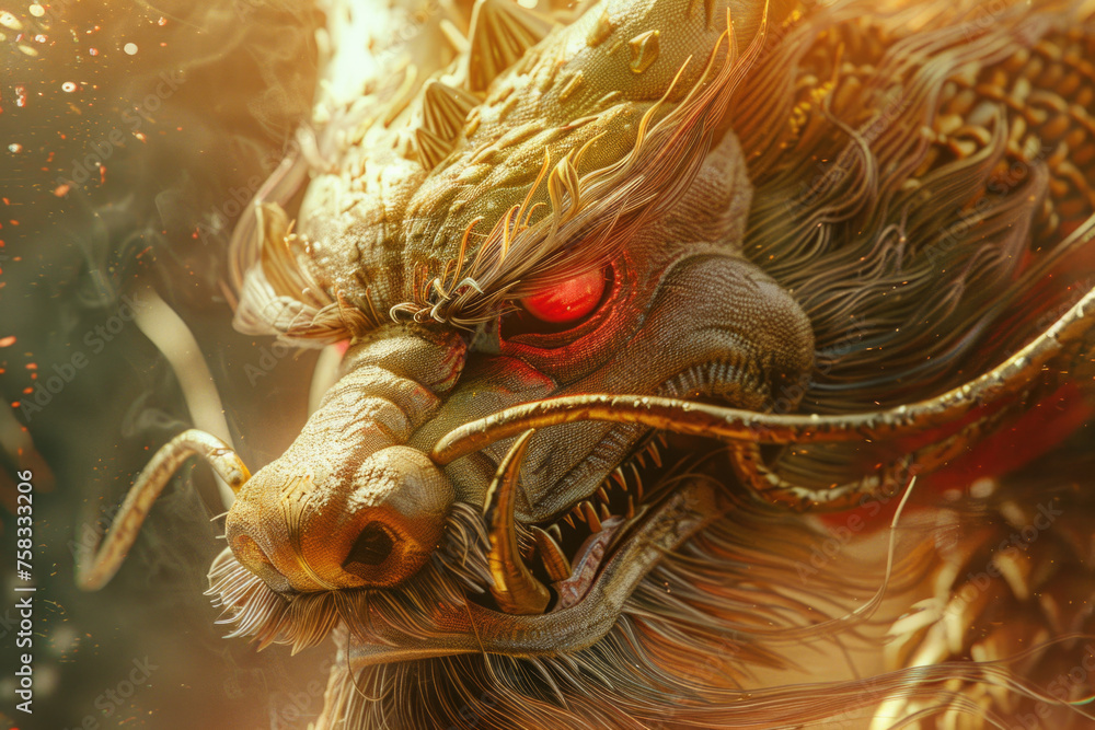 Poster a detailed view of a dragon with fiery red eyes. ideal for fantasy and mythical themes
