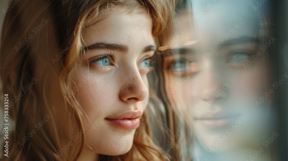 Aufkleber close up of a person looking out a window, suitable for various concepts and designs