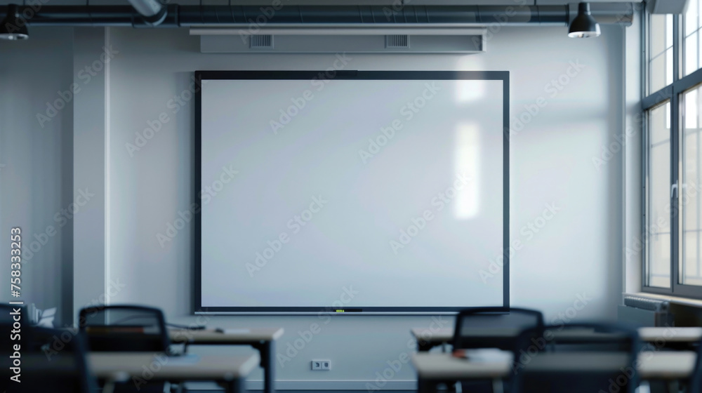 Poster a classroom with a projector screen in the middle of the room. suitable for educational and presenta