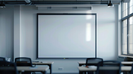 A classroom with a projector screen in the middle of the room. Suitable for educational and presentation concepts