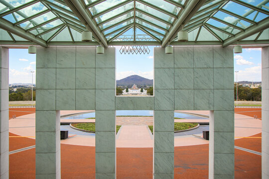 Granite columns at the entrance of the Parliament House of Australia on Capital Hill in Canberra, Australian Capital Territory