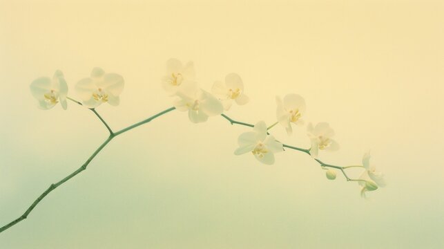 a close up of a branch with flowers on a white background with a blurry image of a branch with flowers on a white background.