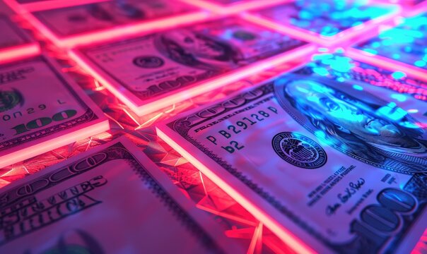 Dollar bills in neon lights  background