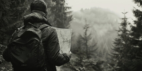 A man outdoors examining a map, useful for travel concepts - obrazy, fototapety, plakaty