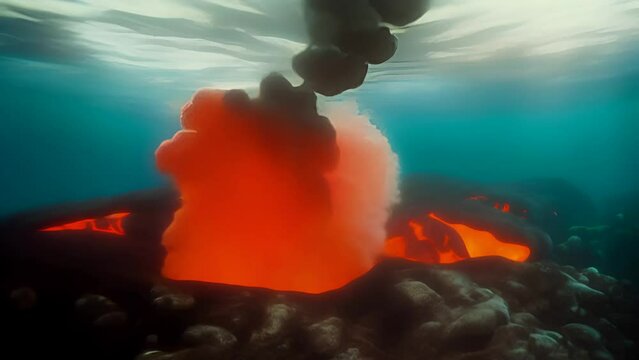 intense and dramatic moment of an underwater volcanic eruption. Vibrant red lava flows into the serene blue waters, creating a stark contrast and showcasing the powerful forces of nature at work