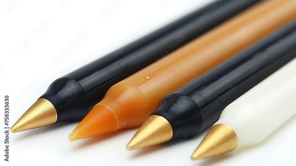 Poster a group of three pencils sitting next to each other on top of a white counter top in front of a whit