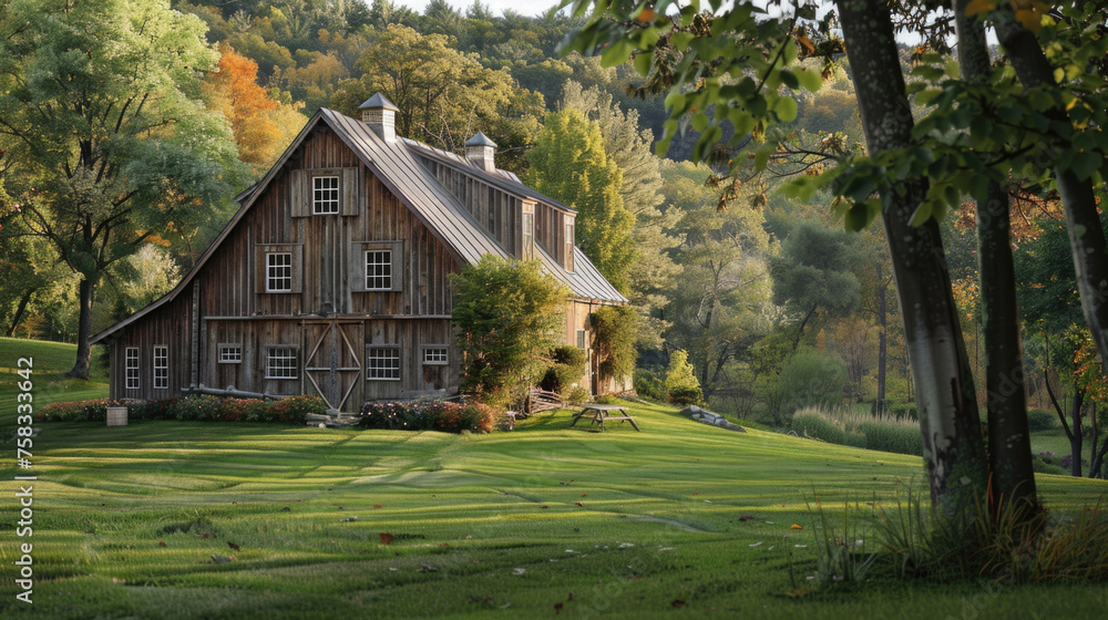 Canvas Prints A barn in the middle of a vibrant green field. Ideal for agricultural concepts