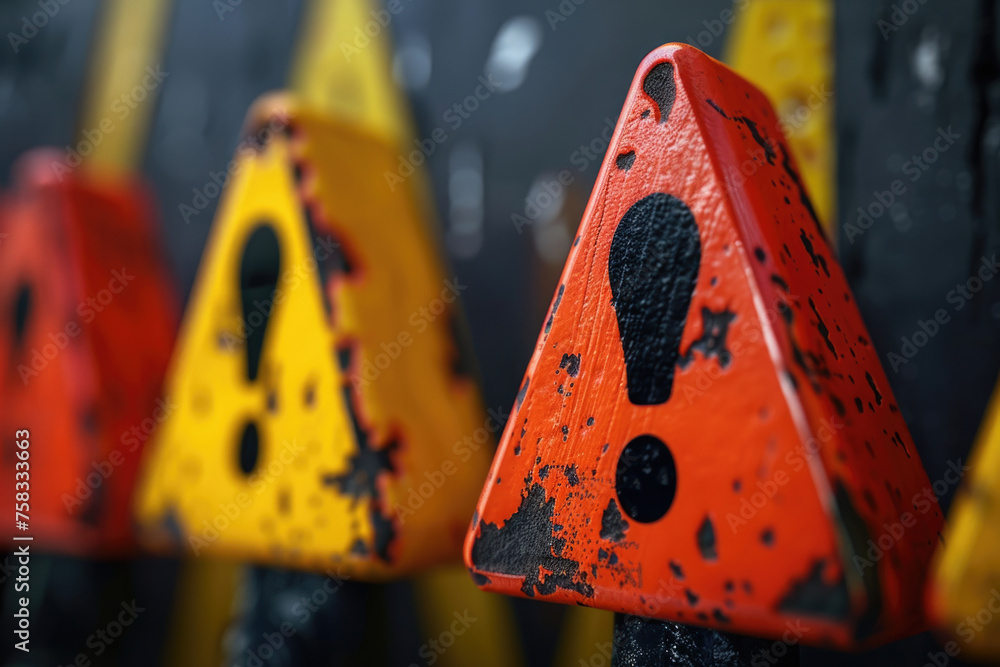 Poster Close up of multiple warning signs. Suitable for safety and caution concepts