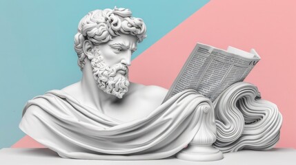 sculpture of a Greek god reading a newspaper, on a pastel pink and blue background