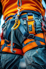 A close up of a person wearing a safety belt. Suitable for illustrating safety concepts