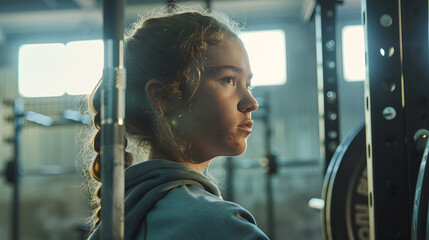 Déchaînement de force et de détermination : Une intense séance d'entraînement CrossFit pour une jeune femme caucasienne, maîtrisant le rack à squats. - obrazy, fototapety, plakaty
