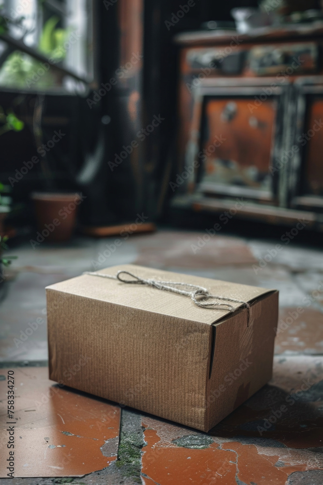 Poster A box with scissors tied to it, useful for DIY projects