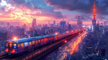 Fototapeta na wymiar Train moves through city at dusk, skyscrapers silhouette against a colorful sky
