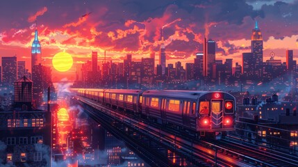 Fototapeta na wymiar Train travels through city as sun sets, illuminating the sky with electricity