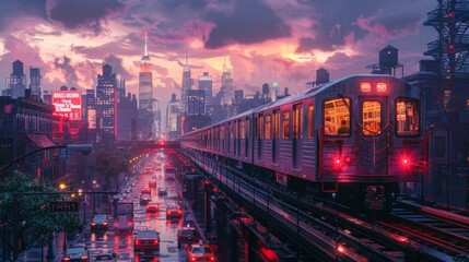 Fototapeta na wymiar Train rolling through city on tracks at night, under electric lights