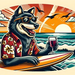 A wolf surfing on a beach in Hawaii, at sunset.
