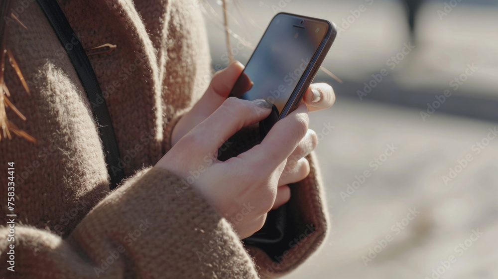 Poster close up shot of a person holding a cell phone. great for technology concepts