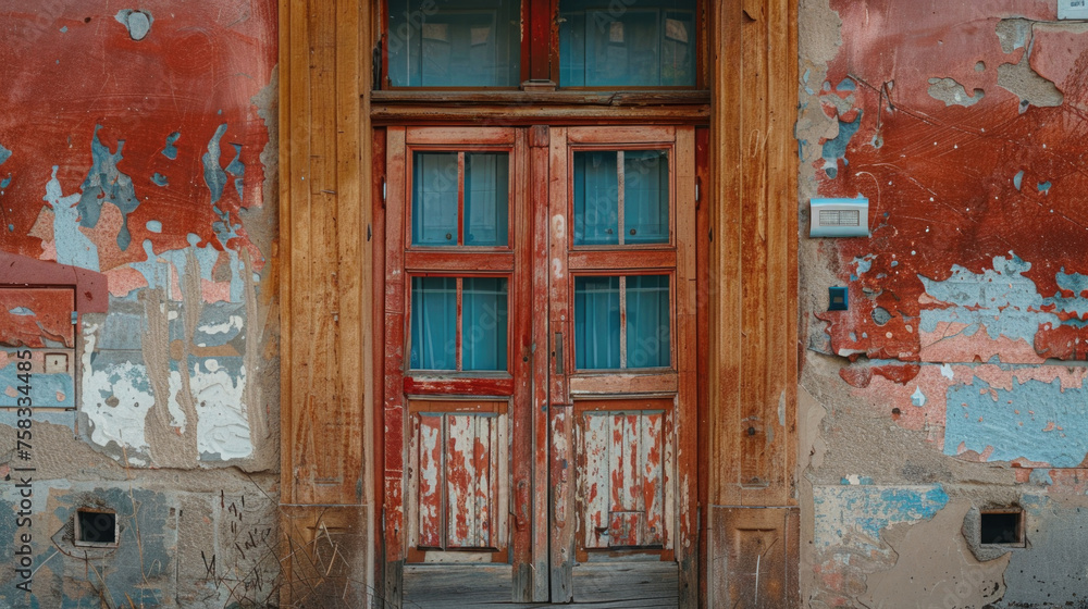 Poster a weathered wooden door with peeling paint. suitable for background or texture use