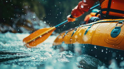 A person in a raft paddling down a river. Suitable for outdoor and adventure concepts - obrazy, fototapety, plakaty