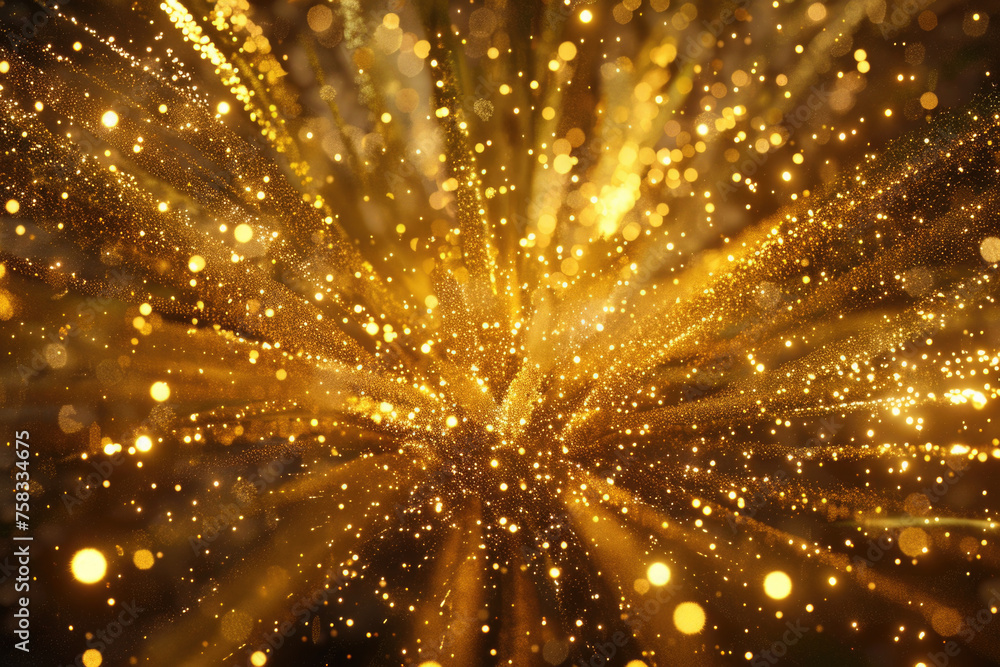 Poster a stunning golden explosion of lights in a dark room. perfect for adding a touch of glamour to any p