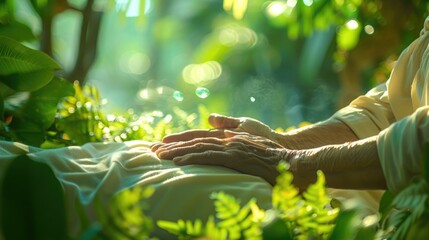 Dynamic image of a Reiki healer's hands hovering above a client's body, with a hovering jade crystal focusing on the heart area, symbolizing the flow of healing energy