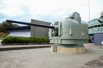 Gun turret of the HMAS Brisbane warship at the Australian War Memorial in Campbell near Canberra,...