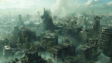 post-apocalyptic city. smoke and explosions