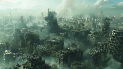 Zelfklevend Fotobehang post-apocalyptic city. smoke and explosions © Kate Y