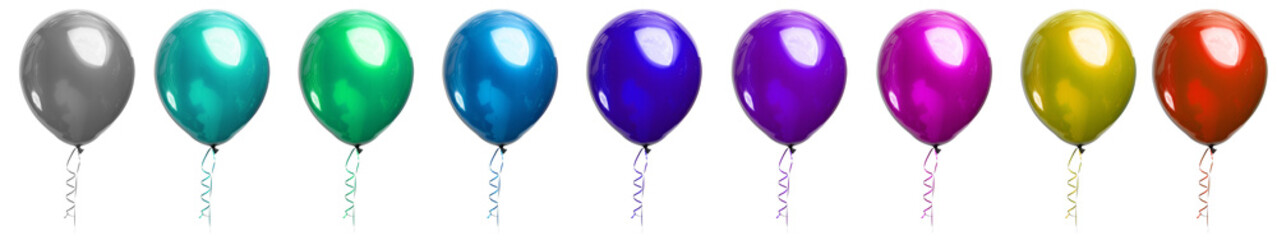 a row of balloons of different colors, transparent background. Png files.