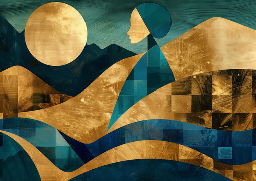 Abstract Geometric Landscape with Golden Sun and Blue Peaks
