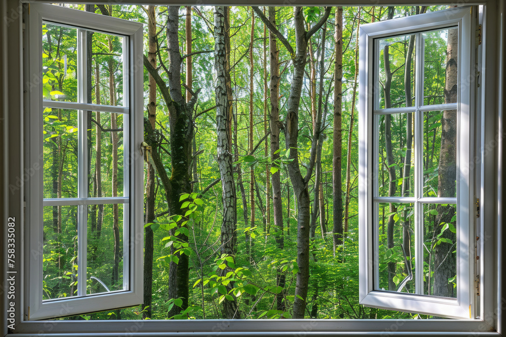 Wall mural A tranquil forest scene visible through an open window. Suitable for nature and relaxation concepts