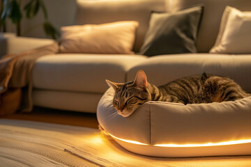 Tabby Cat Sleeping in a Futuristic Pet Bed at Night