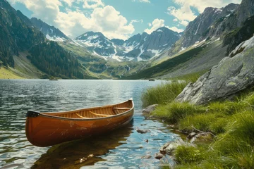 Foto op Canvas A wooden canoe sitting peacefully on a serene lake. Perfect for outdoor and adventure themes © Fotograf