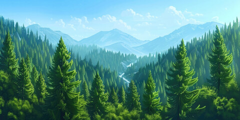 A serene painting of a mountain scene with tall pine trees. Ideal for nature and landscape themed...