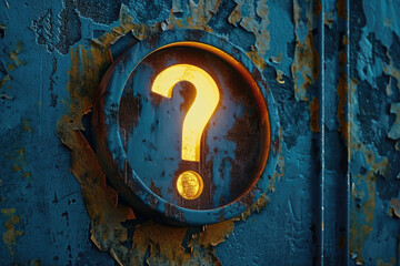 A yellow question mark painted on a rusty metal door. Suitable for educational concepts