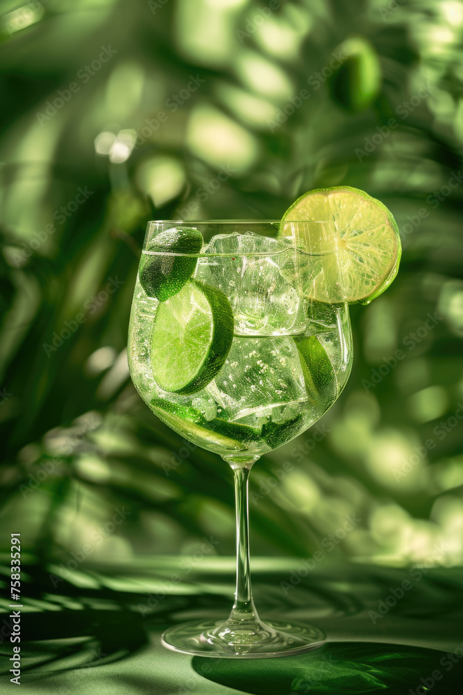 Poster refreshing glass with ice and lime slices, perfect for summer drink menus