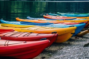 Close-up shot of a row of brightly colored kayaks on the river