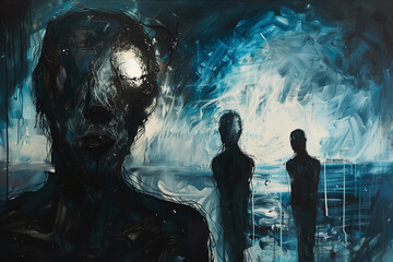 Abstract Blue Human Figures with Expressive Brush Strokes
