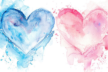 Two colorful watercolor hearts on a plain white background. Perfect for Valentine's Day designs or wedding invitations - obrazy, fototapety, plakaty
