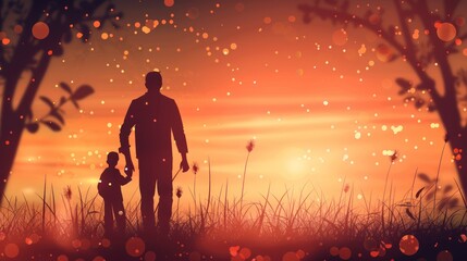 Obraz na płótnie Canvas silhouettes of father and child looking into the distance. Father's day flat illustration